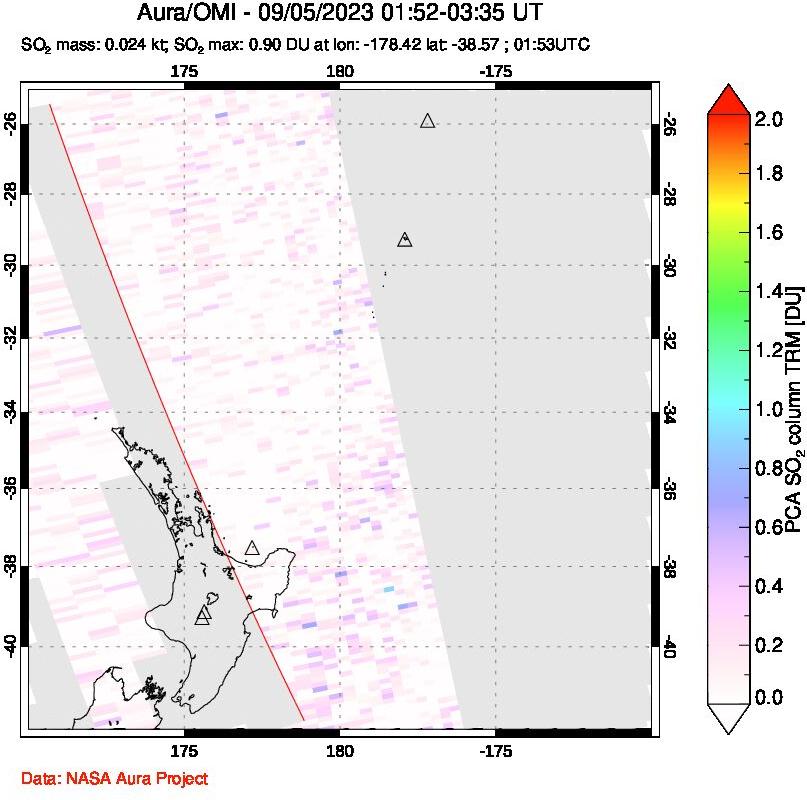 A sulfur dioxide image over New Zealand on Sep 05, 2023.