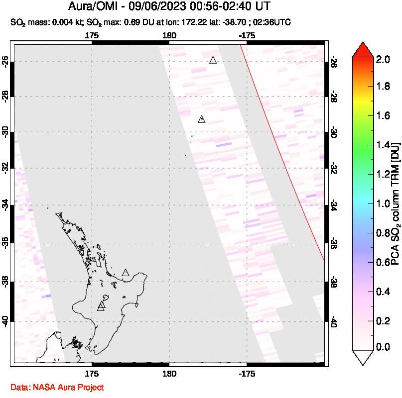 A sulfur dioxide image over New Zealand on Sep 06, 2023.