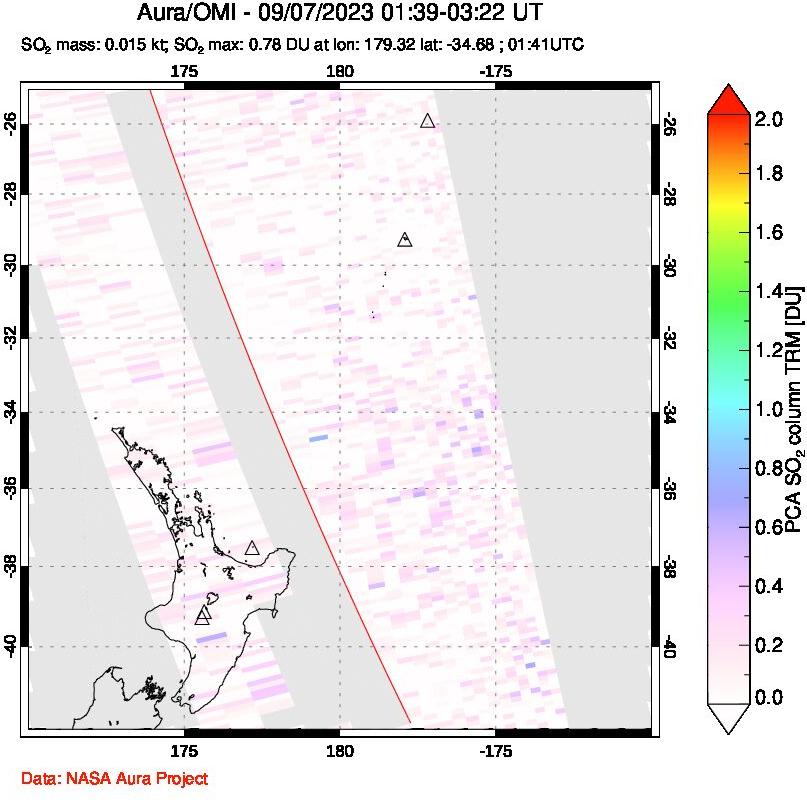 A sulfur dioxide image over New Zealand on Sep 07, 2023.