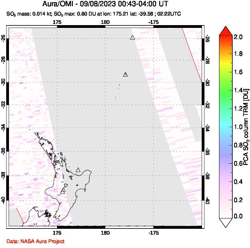 A sulfur dioxide image over New Zealand on Sep 08, 2023.