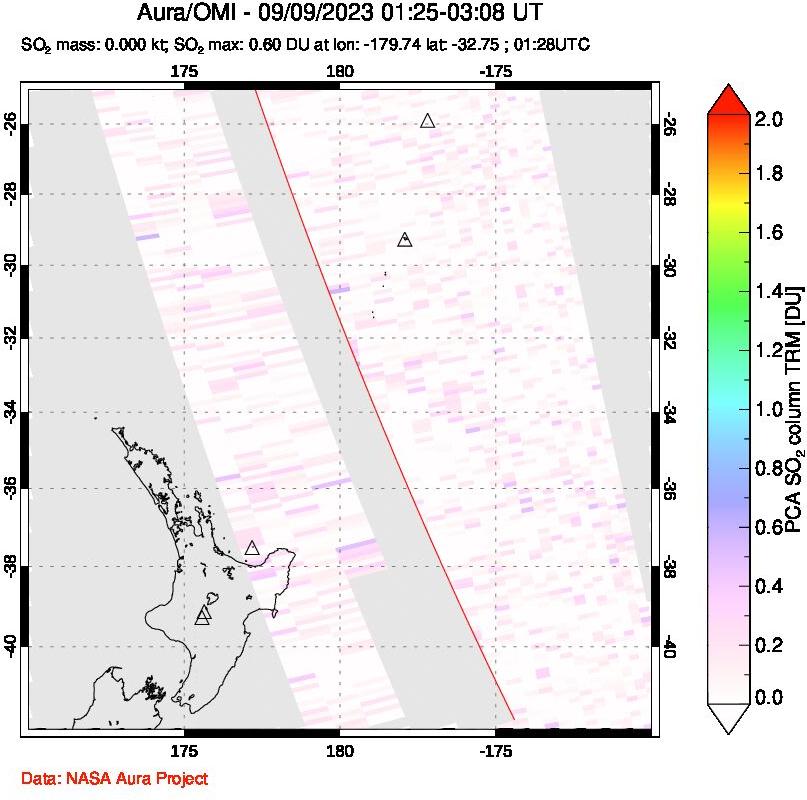 A sulfur dioxide image over New Zealand on Sep 09, 2023.