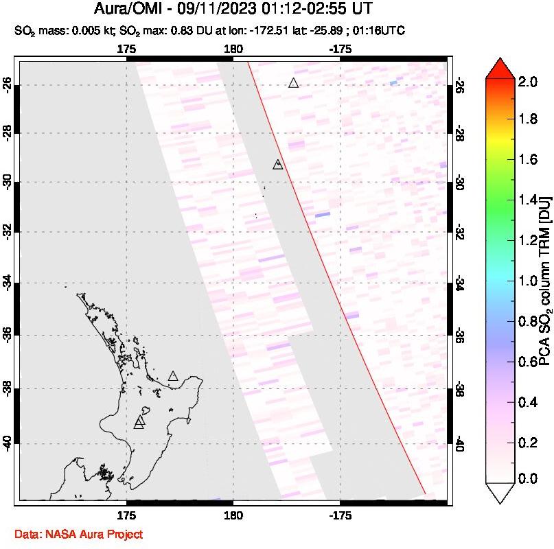 A sulfur dioxide image over New Zealand on Sep 11, 2023.