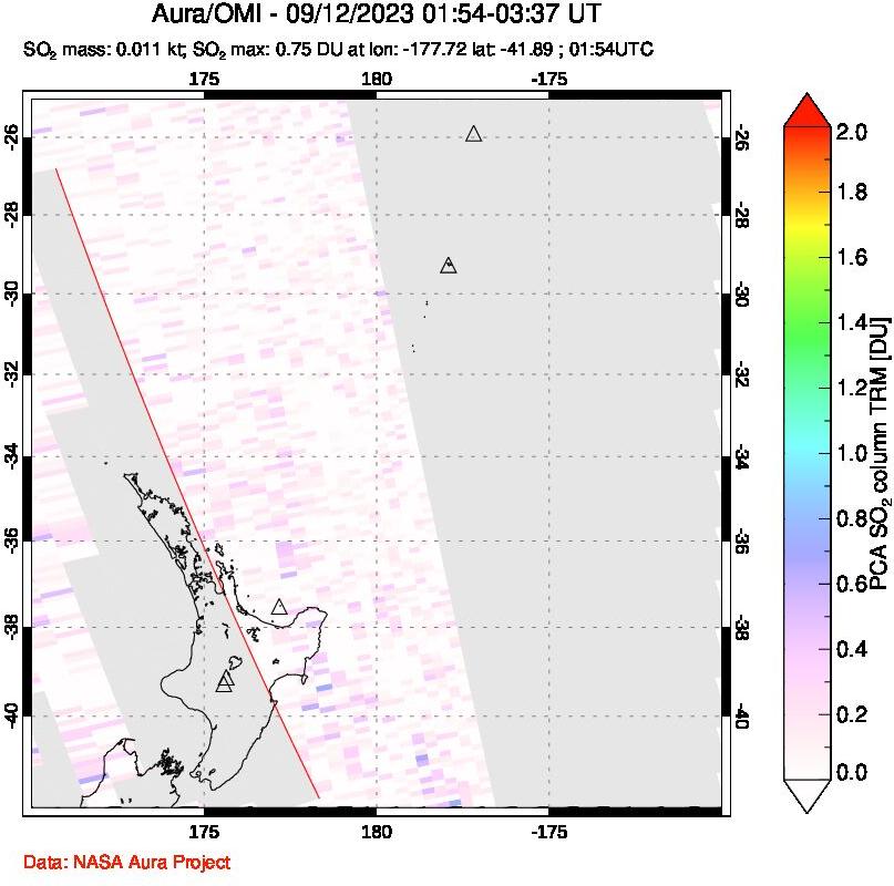 A sulfur dioxide image over New Zealand on Sep 12, 2023.