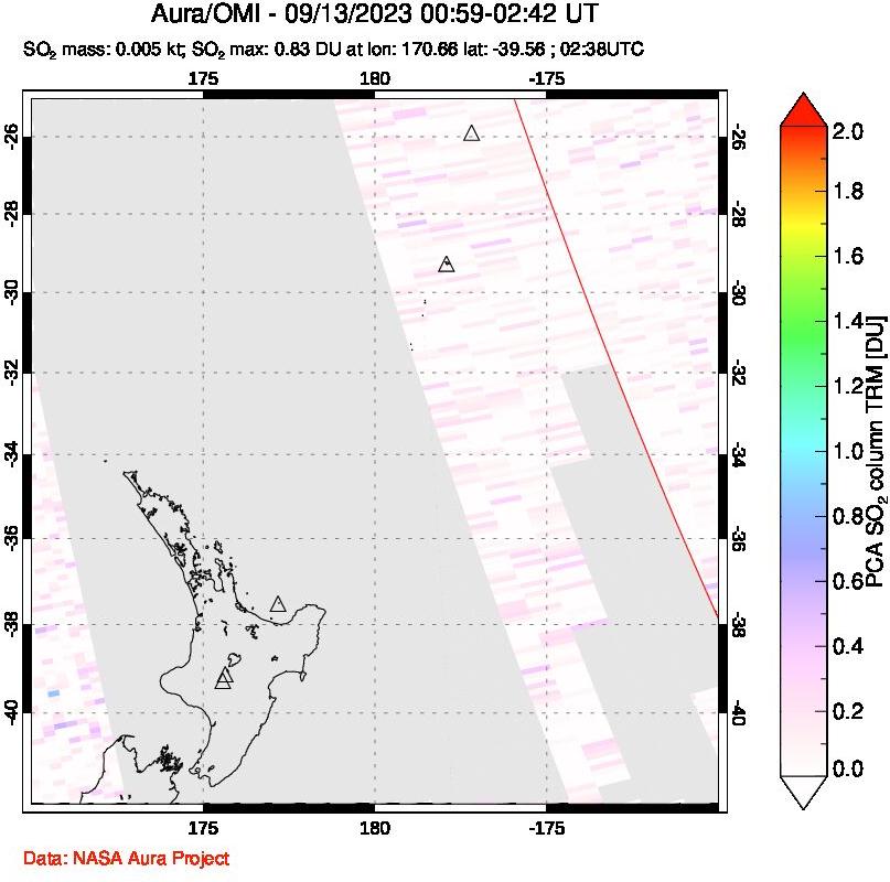 A sulfur dioxide image over New Zealand on Sep 13, 2023.
