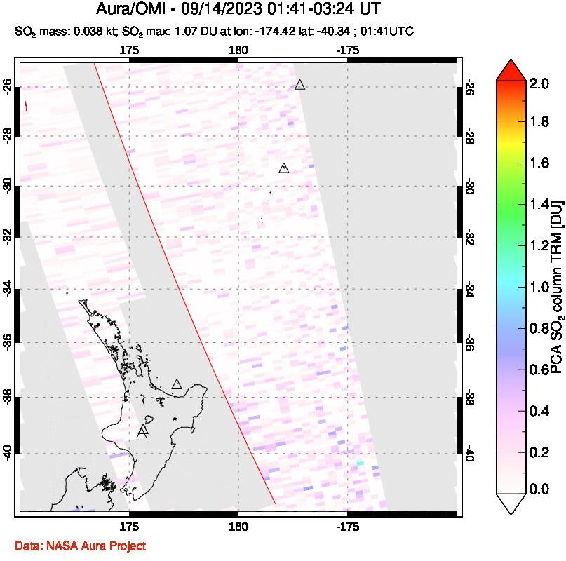 A sulfur dioxide image over New Zealand on Sep 14, 2023.