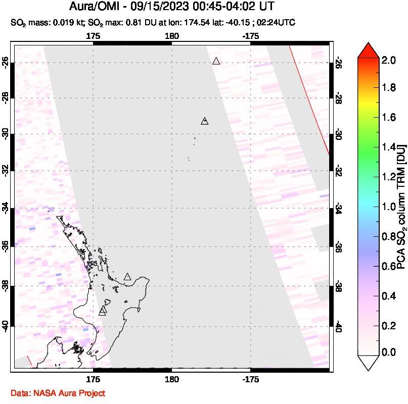 A sulfur dioxide image over New Zealand on Sep 15, 2023.