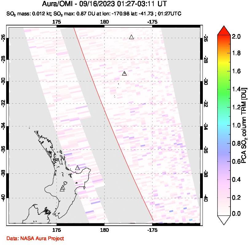A sulfur dioxide image over New Zealand on Sep 16, 2023.