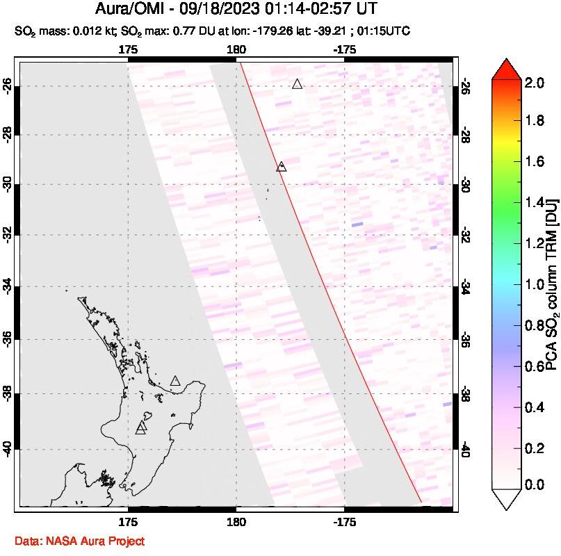 A sulfur dioxide image over New Zealand on Sep 18, 2023.