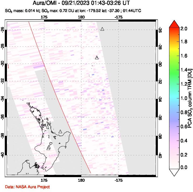 A sulfur dioxide image over New Zealand on Sep 21, 2023.