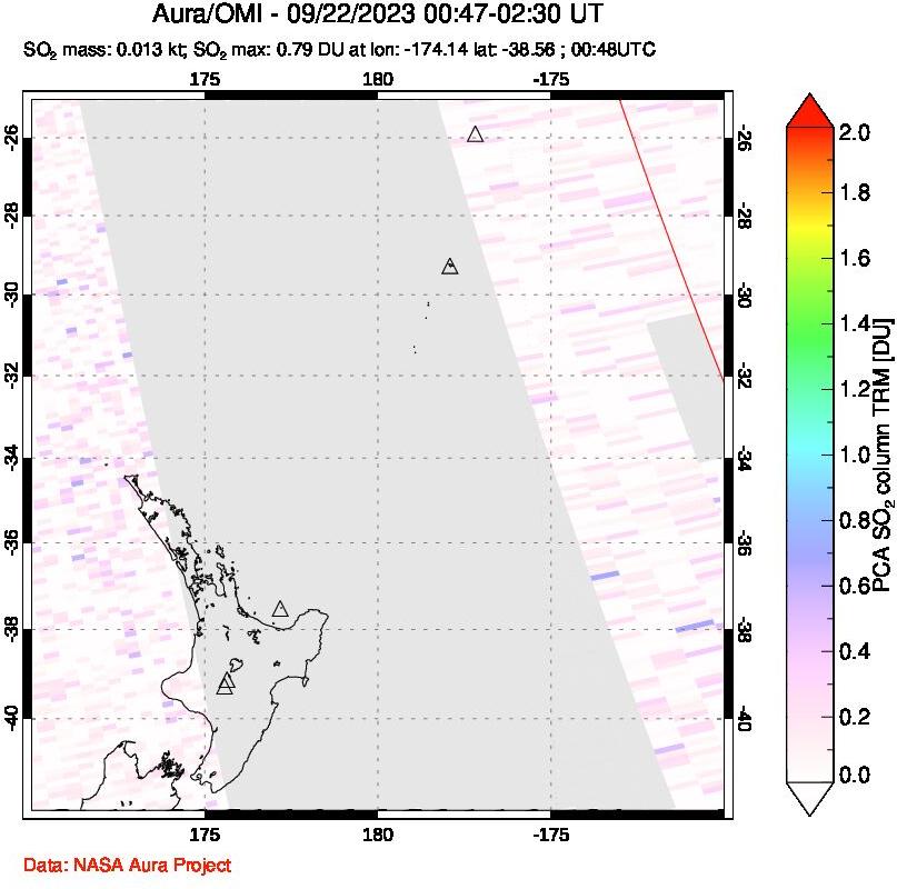A sulfur dioxide image over New Zealand on Sep 22, 2023.