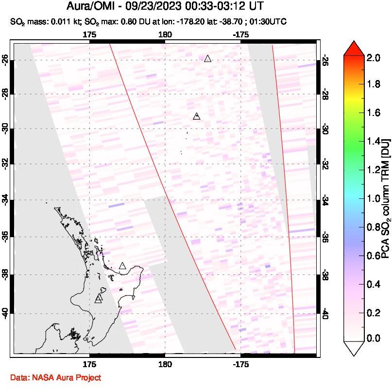 A sulfur dioxide image over New Zealand on Sep 23, 2023.