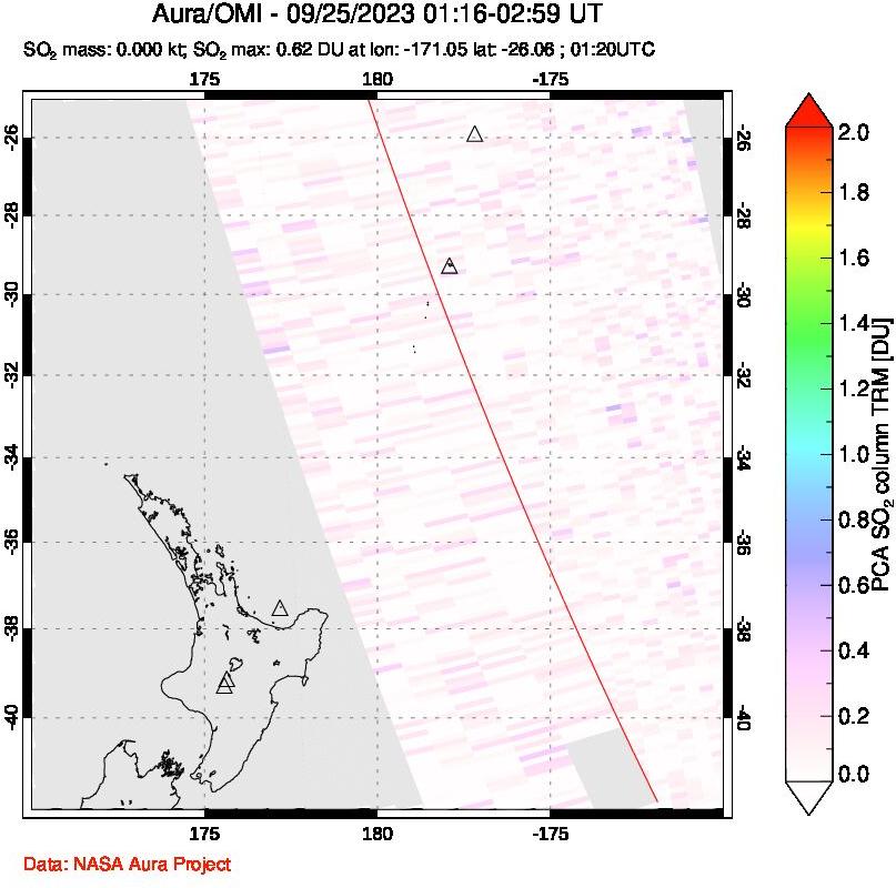 A sulfur dioxide image over New Zealand on Sep 25, 2023.