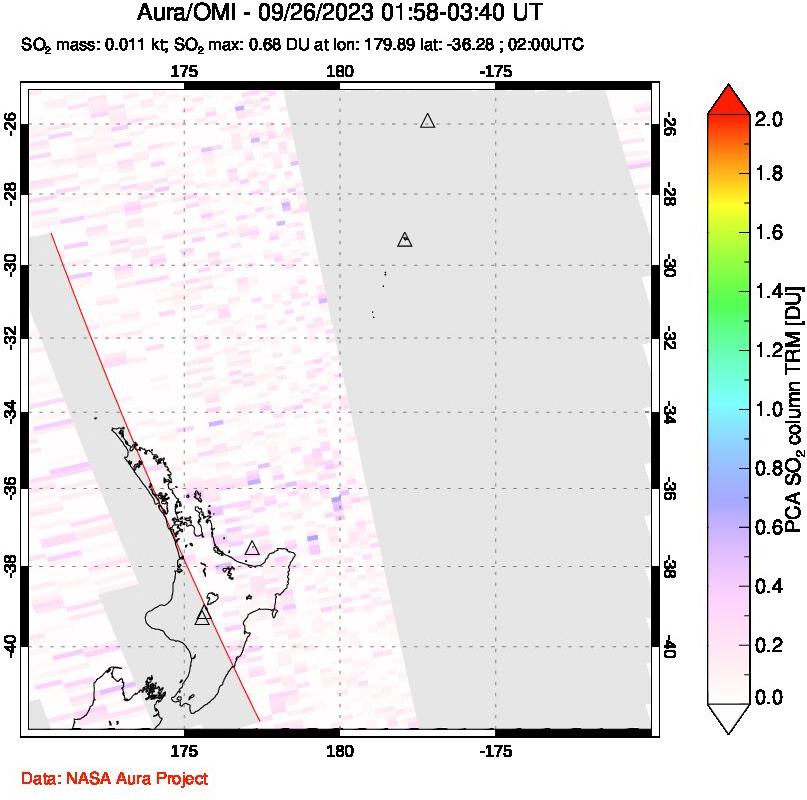 A sulfur dioxide image over New Zealand on Sep 26, 2023.