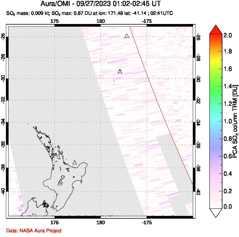 A sulfur dioxide image over New Zealand on Sep 27, 2023.