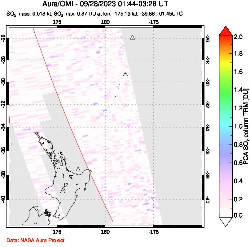 A sulfur dioxide image over New Zealand on Sep 28, 2023.