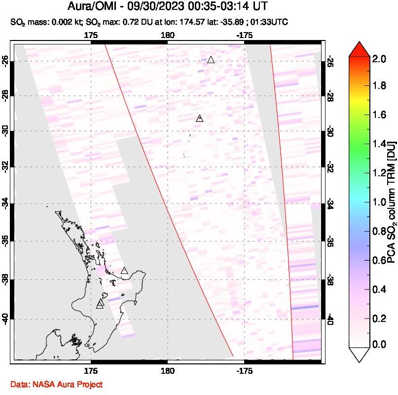 A sulfur dioxide image over New Zealand on Sep 30, 2023.