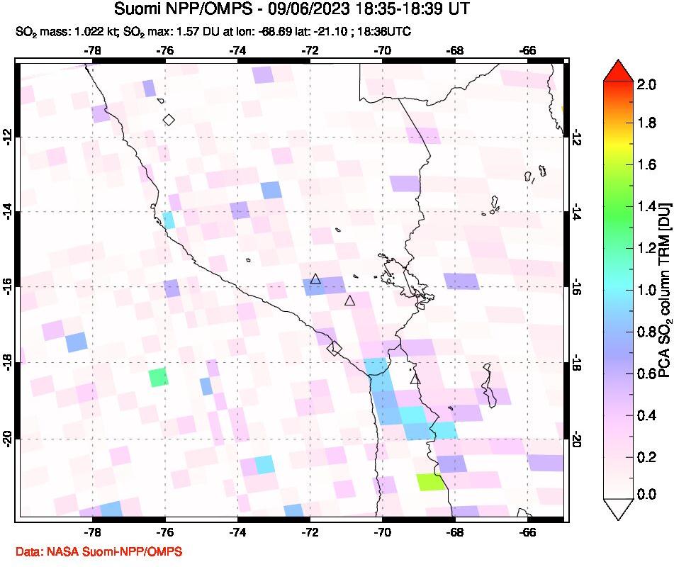 A sulfur dioxide image over Peru on Sep 06, 2023.