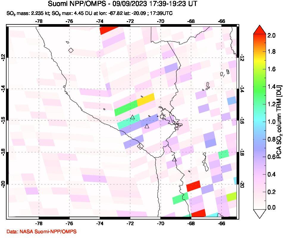 A sulfur dioxide image over Peru on Sep 09, 2023.
