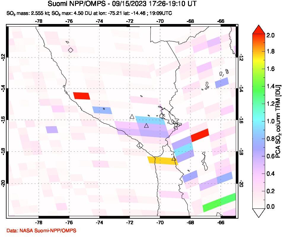 A sulfur dioxide image over Peru on Sep 15, 2023.