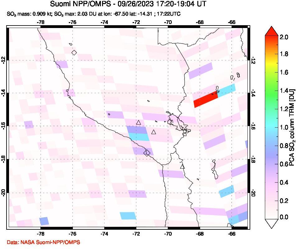 A sulfur dioxide image over Peru on Sep 26, 2023.