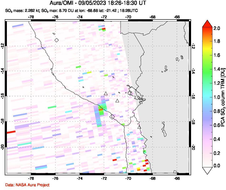 A sulfur dioxide image over Peru on Sep 05, 2023.