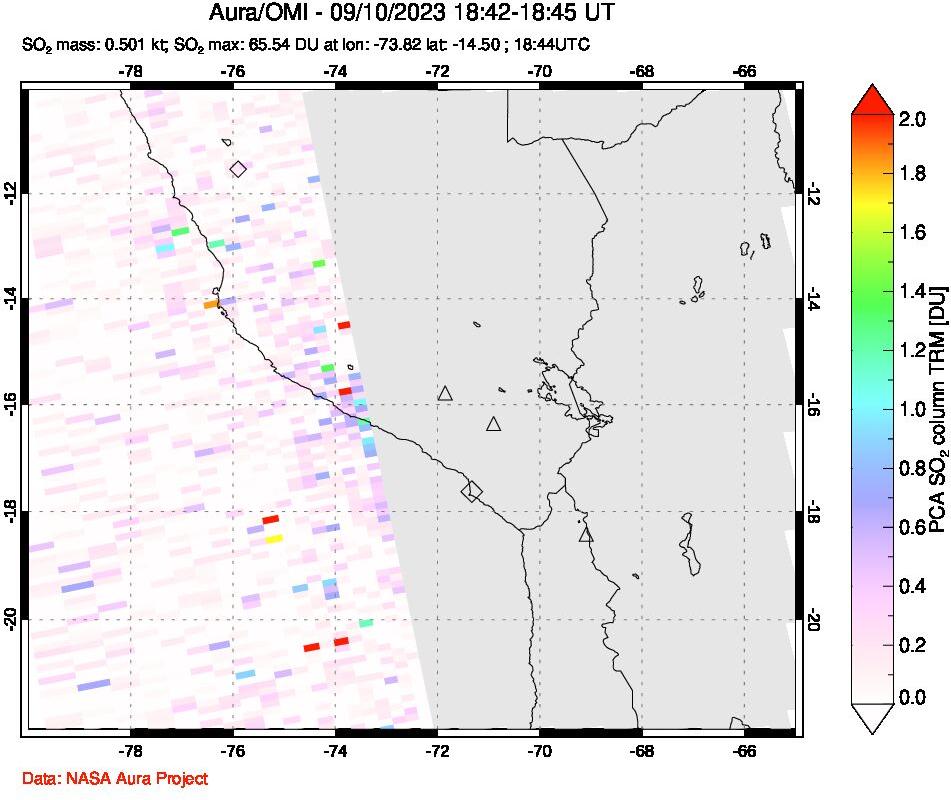 A sulfur dioxide image over Peru on Sep 10, 2023.