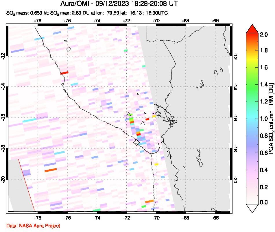 A sulfur dioxide image over Peru on Sep 12, 2023.