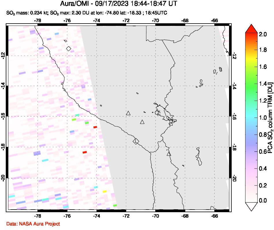 A sulfur dioxide image over Peru on Sep 17, 2023.