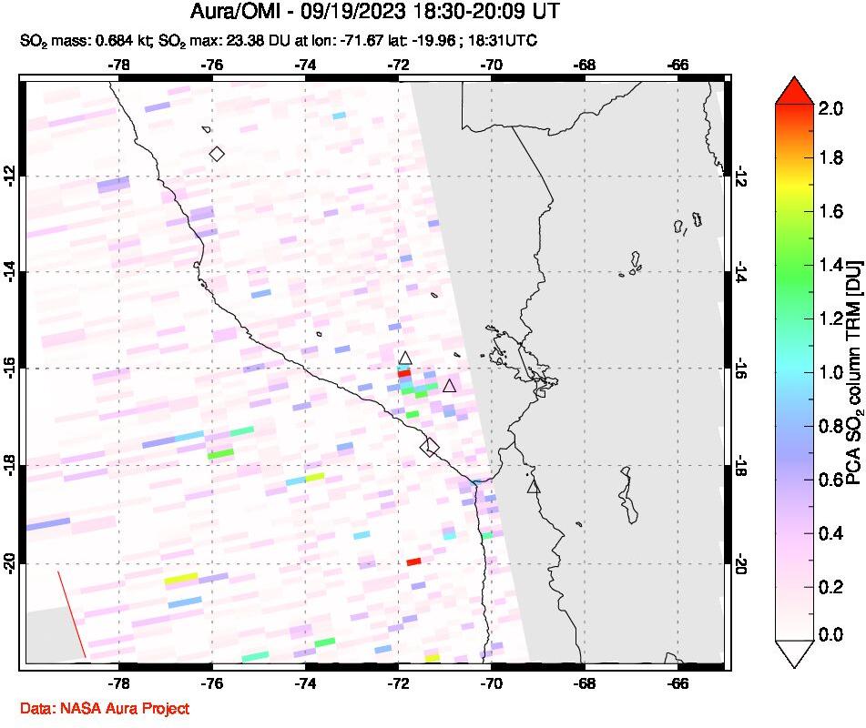 A sulfur dioxide image over Peru on Sep 19, 2023.