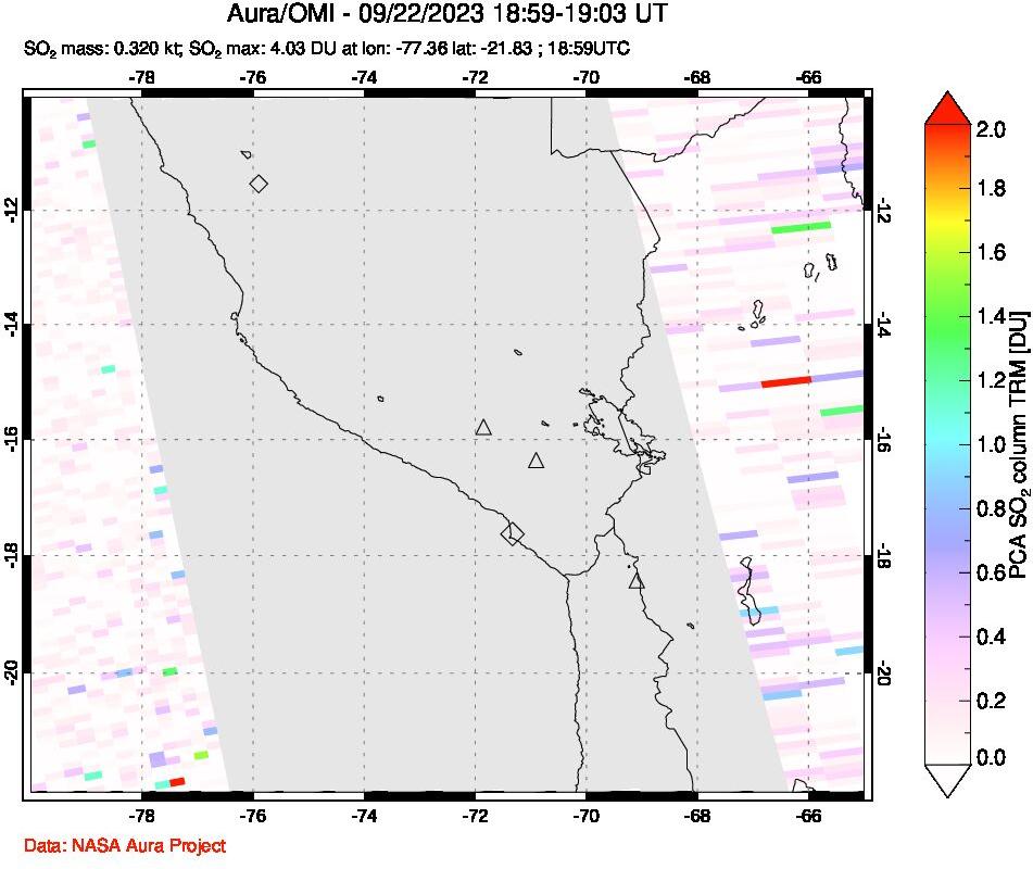 A sulfur dioxide image over Peru on Sep 22, 2023.