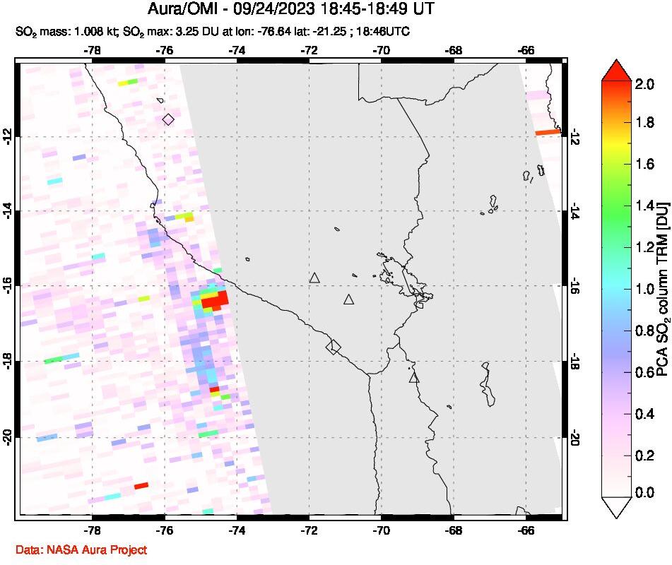 A sulfur dioxide image over Peru on Sep 24, 2023.