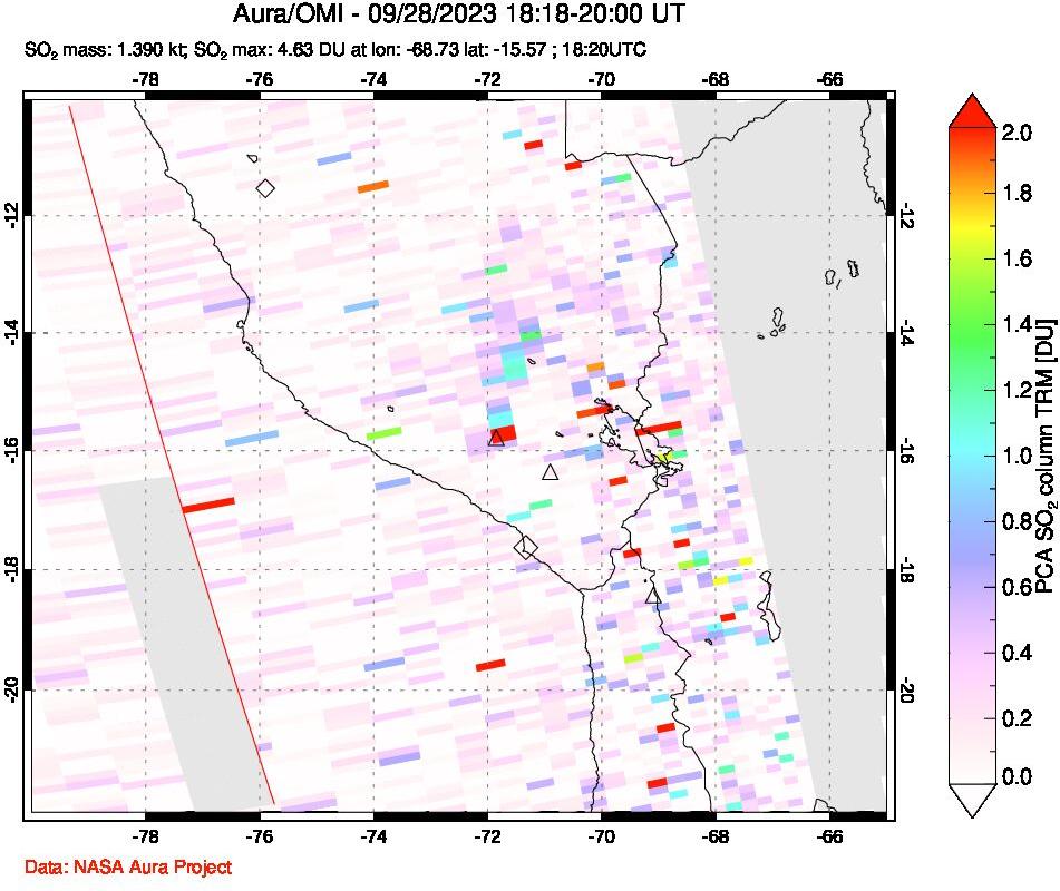 A sulfur dioxide image over Peru on Sep 28, 2023.