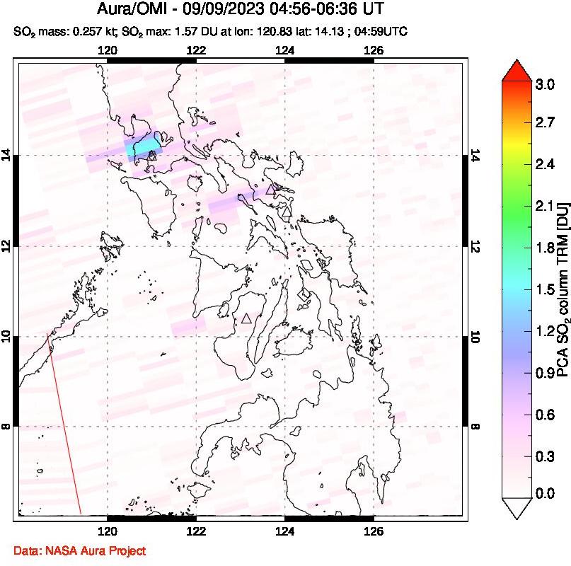 A sulfur dioxide image over Philippines on Sep 09, 2023.