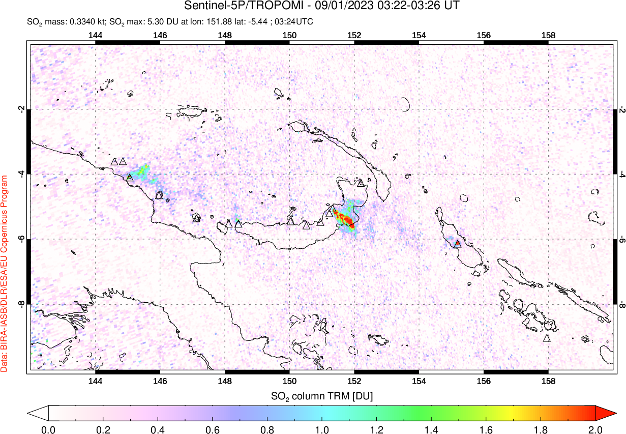 A sulfur dioxide image over Papua, New Guinea on Sep 01, 2023.
