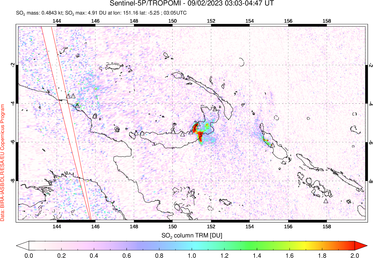 A sulfur dioxide image over Papua, New Guinea on Sep 02, 2023.