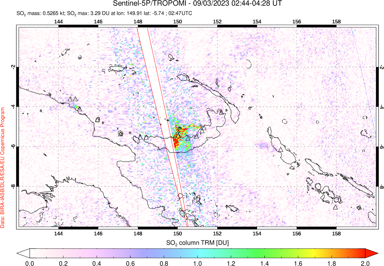 A sulfur dioxide image over Papua, New Guinea on Sep 03, 2023.