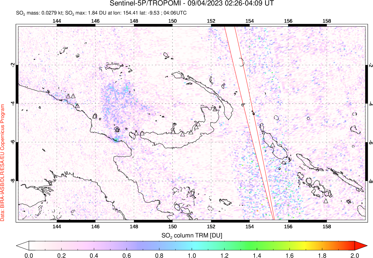 A sulfur dioxide image over Papua, New Guinea on Sep 04, 2023.