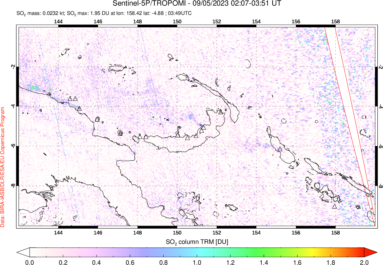 A sulfur dioxide image over Papua, New Guinea on Sep 05, 2023.