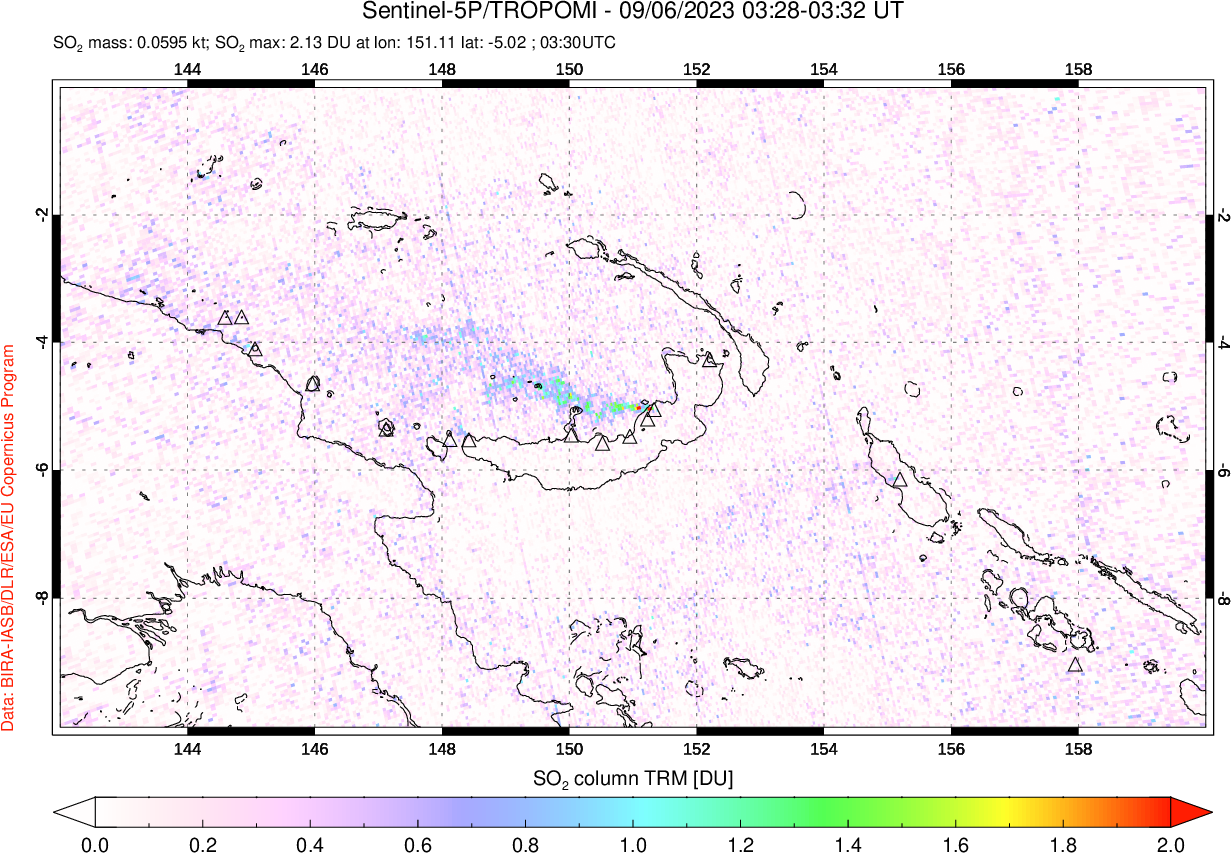 A sulfur dioxide image over Papua, New Guinea on Sep 06, 2023.