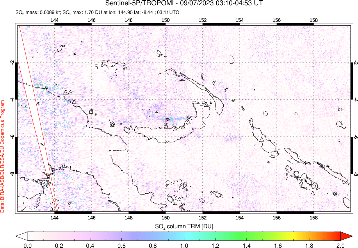 A sulfur dioxide image over Papua, New Guinea on Sep 07, 2023.