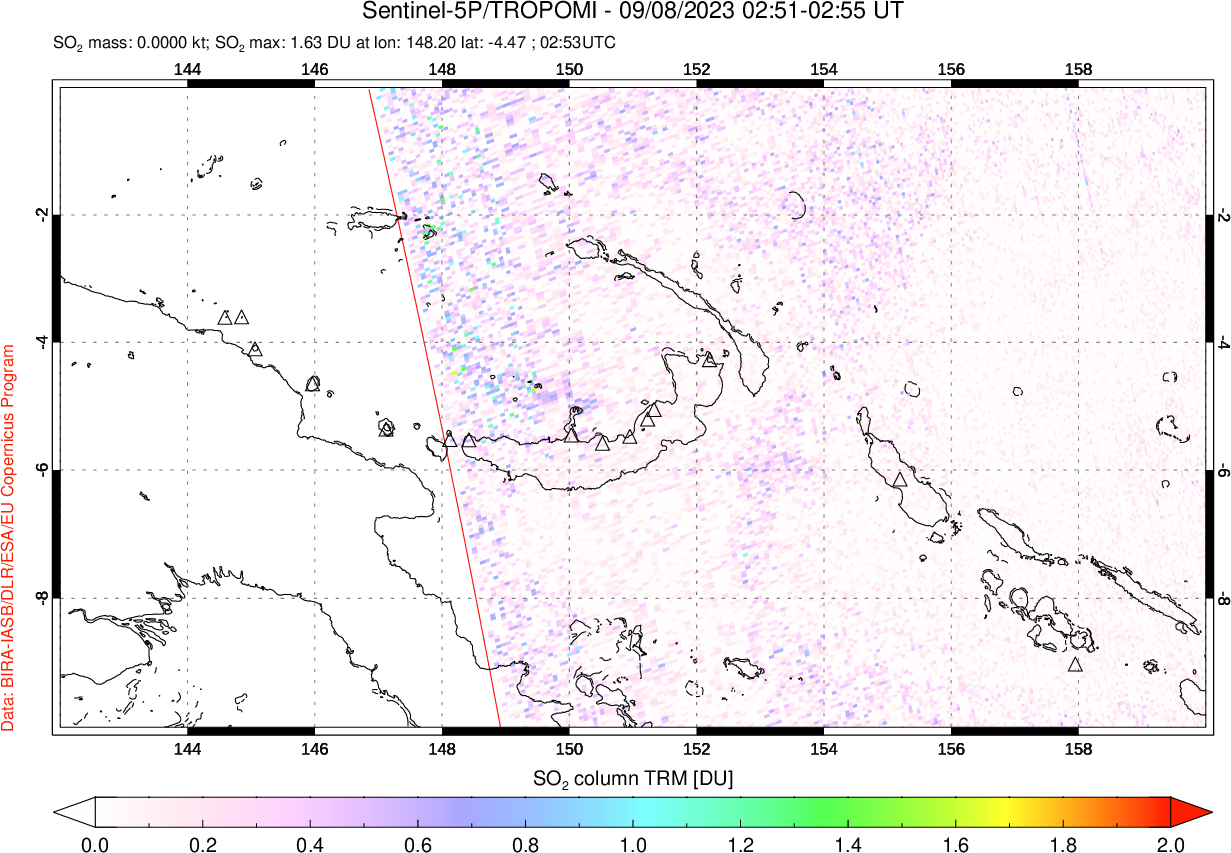 A sulfur dioxide image over Papua, New Guinea on Sep 08, 2023.