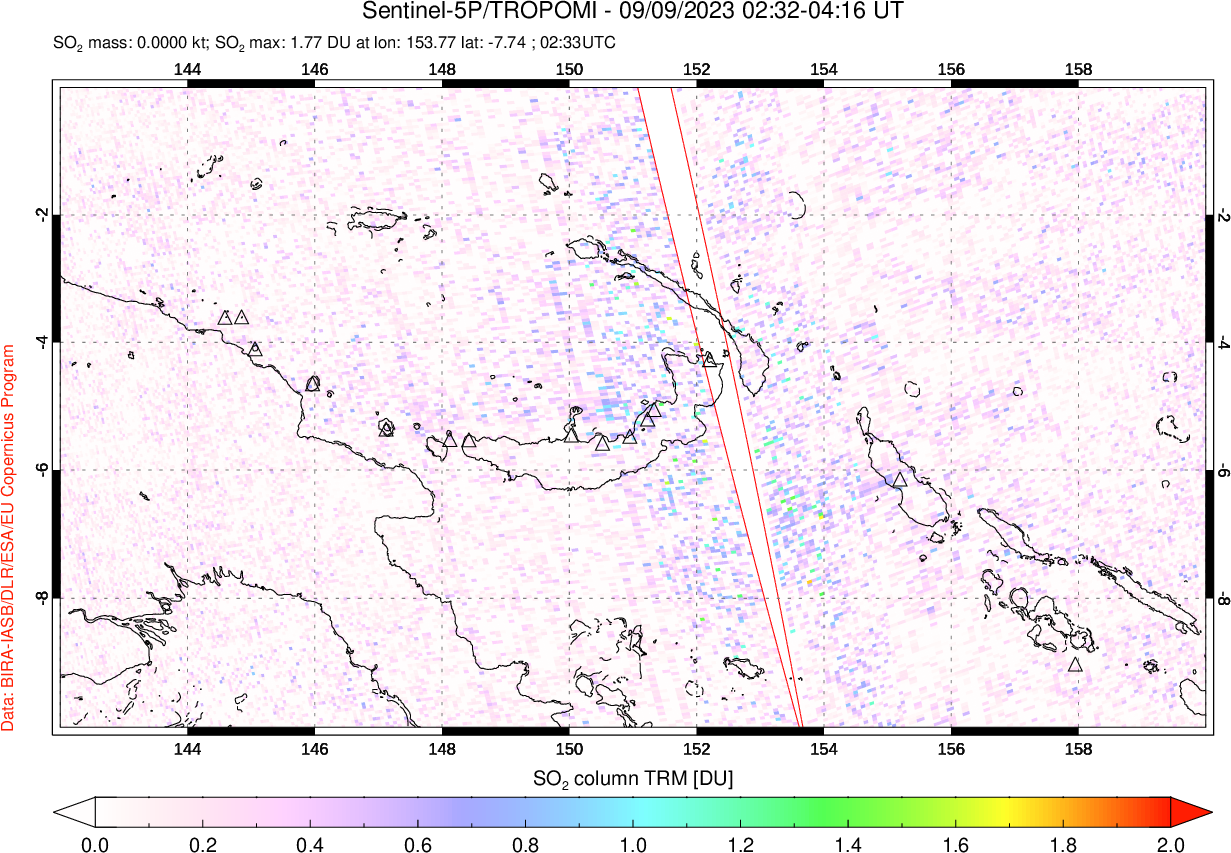 A sulfur dioxide image over Papua, New Guinea on Sep 09, 2023.