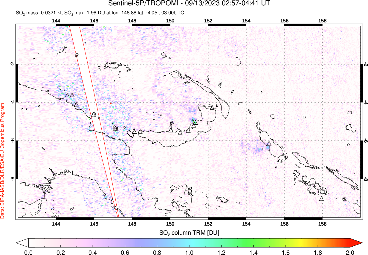 A sulfur dioxide image over Papua, New Guinea on Sep 13, 2023.