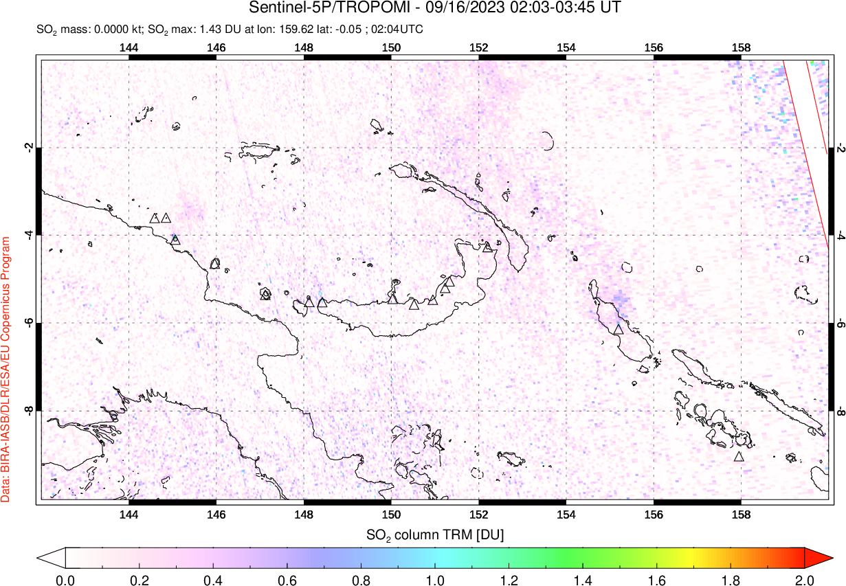 A sulfur dioxide image over Papua, New Guinea on Sep 16, 2023.