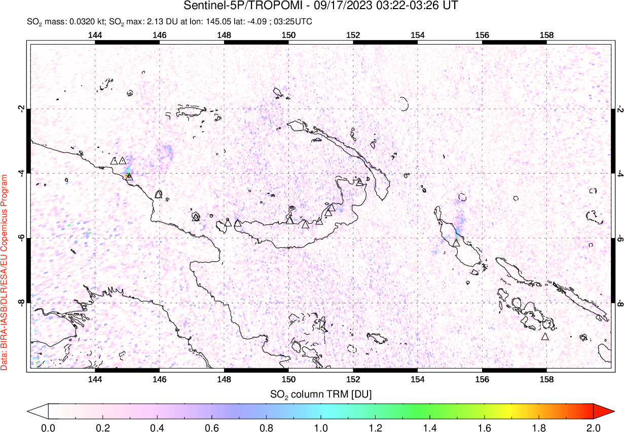 A sulfur dioxide image over Papua, New Guinea on Sep 17, 2023.