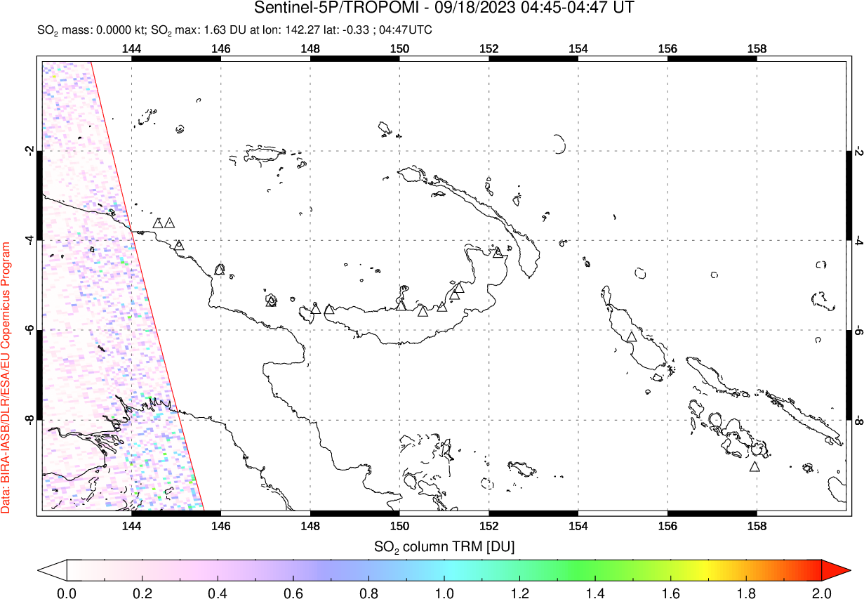 A sulfur dioxide image over Papua, New Guinea on Sep 18, 2023.