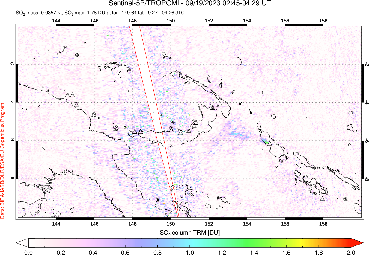 A sulfur dioxide image over Papua, New Guinea on Sep 19, 2023.