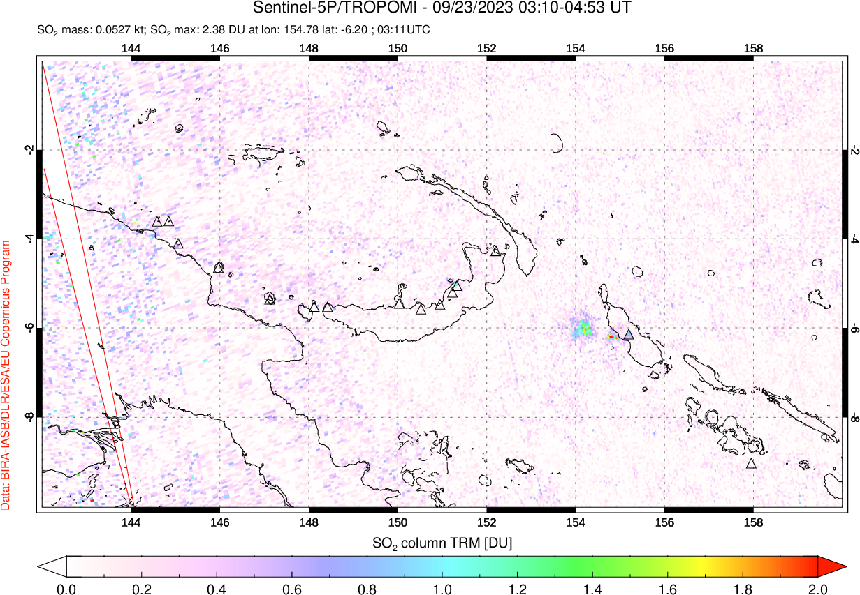 A sulfur dioxide image over Papua, New Guinea on Sep 23, 2023.