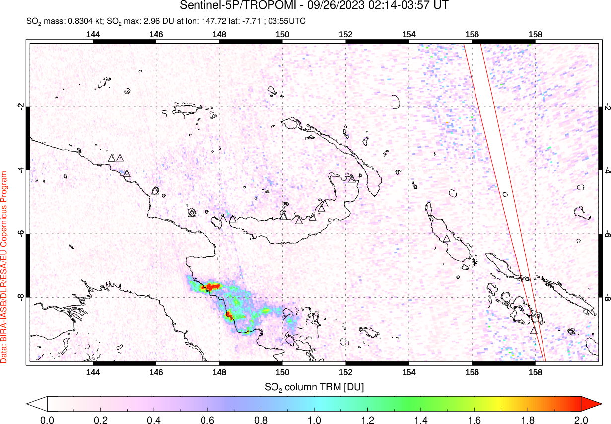 A sulfur dioxide image over Papua, New Guinea on Sep 26, 2023.