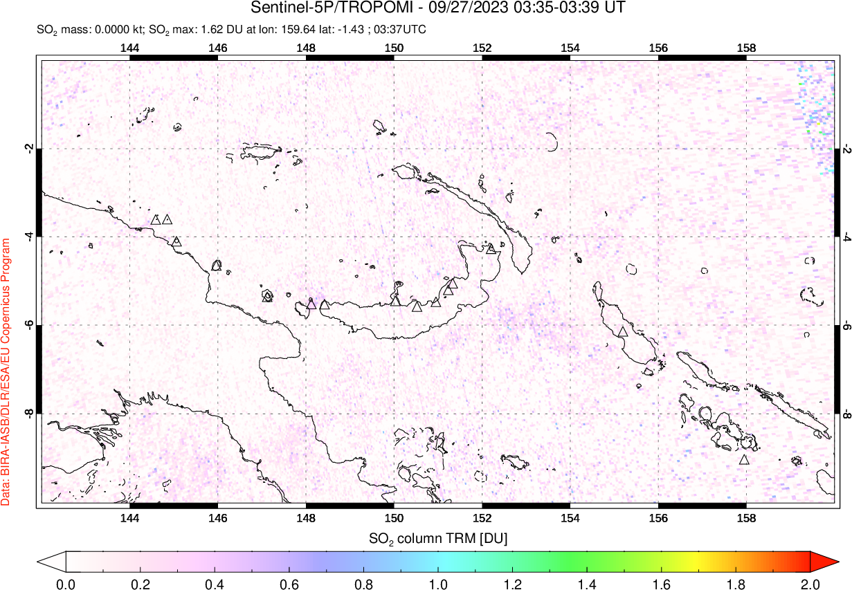 A sulfur dioxide image over Papua, New Guinea on Sep 27, 2023.